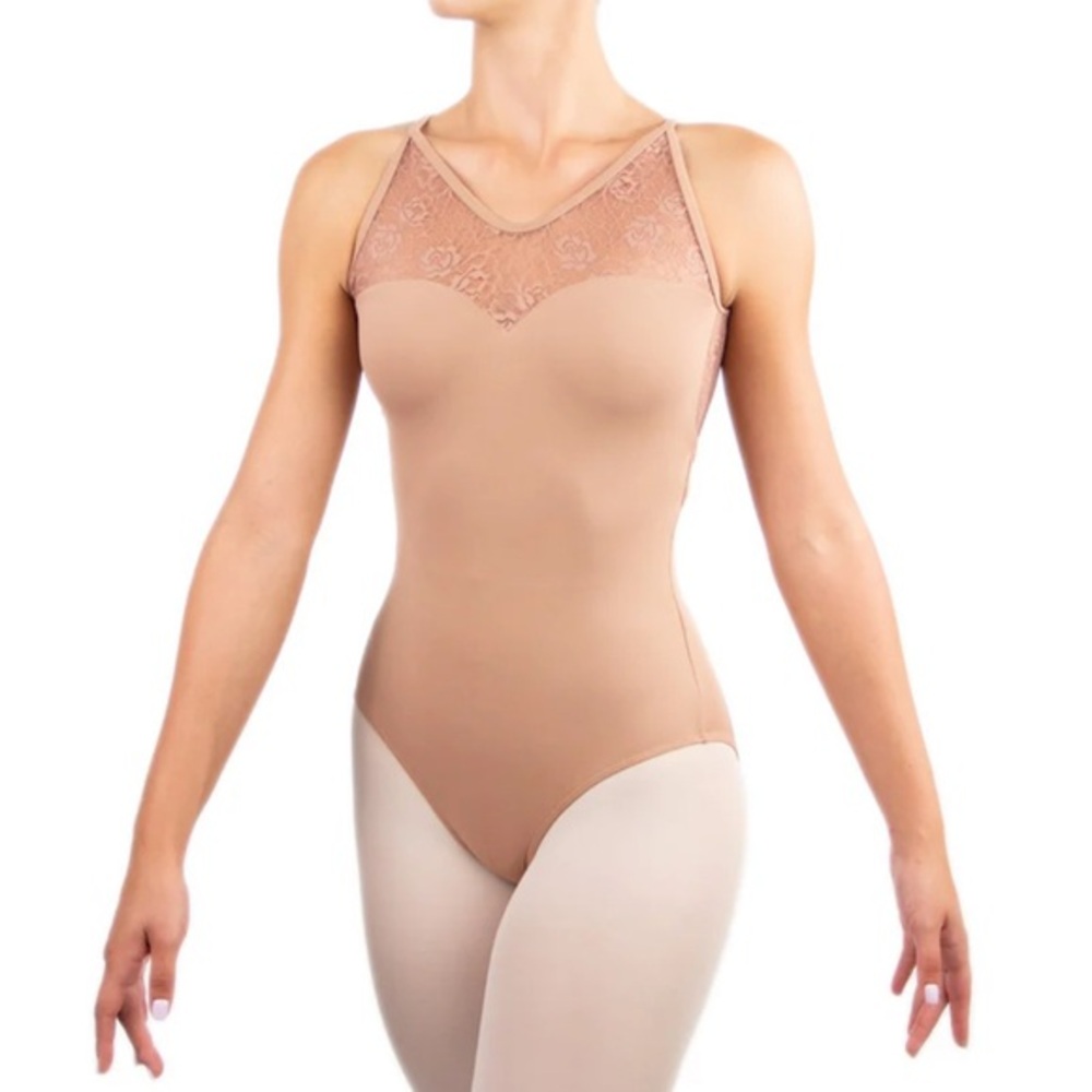 Ballet Rosa Tan Bodysuit with Sheer V-Neck Detail